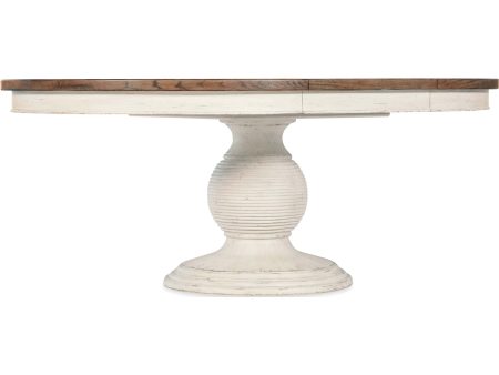 Americana Round Pedestal Dining Table w 22  Leaf, Honey Top Daisy Base Online