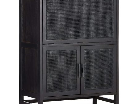 Caprice Bar Cabinet, Black Wash w Black Cane For Discount